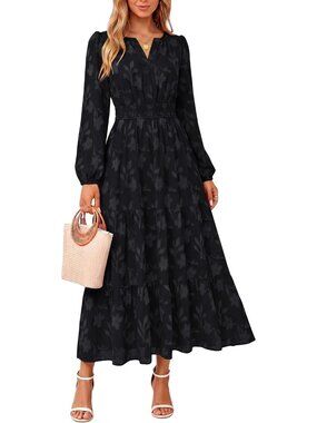 Women's Black Long Sleeve With Pockets V Neck A Line Wedding Guest Maxi Dresses